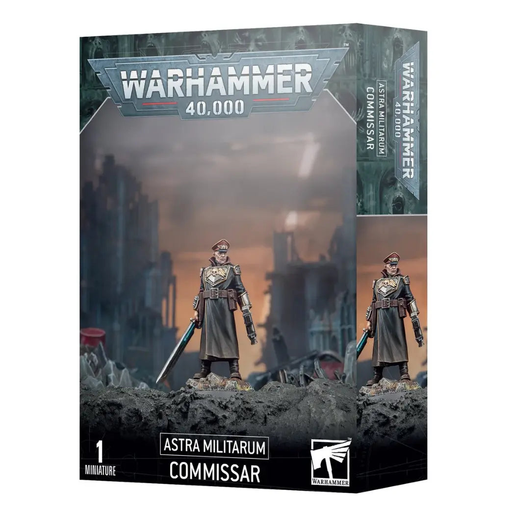 Warhammer 40k Astra Militarum Commissar box featuring an officer in a black greatcoat and peaked cap, wielding a sword and pistol.