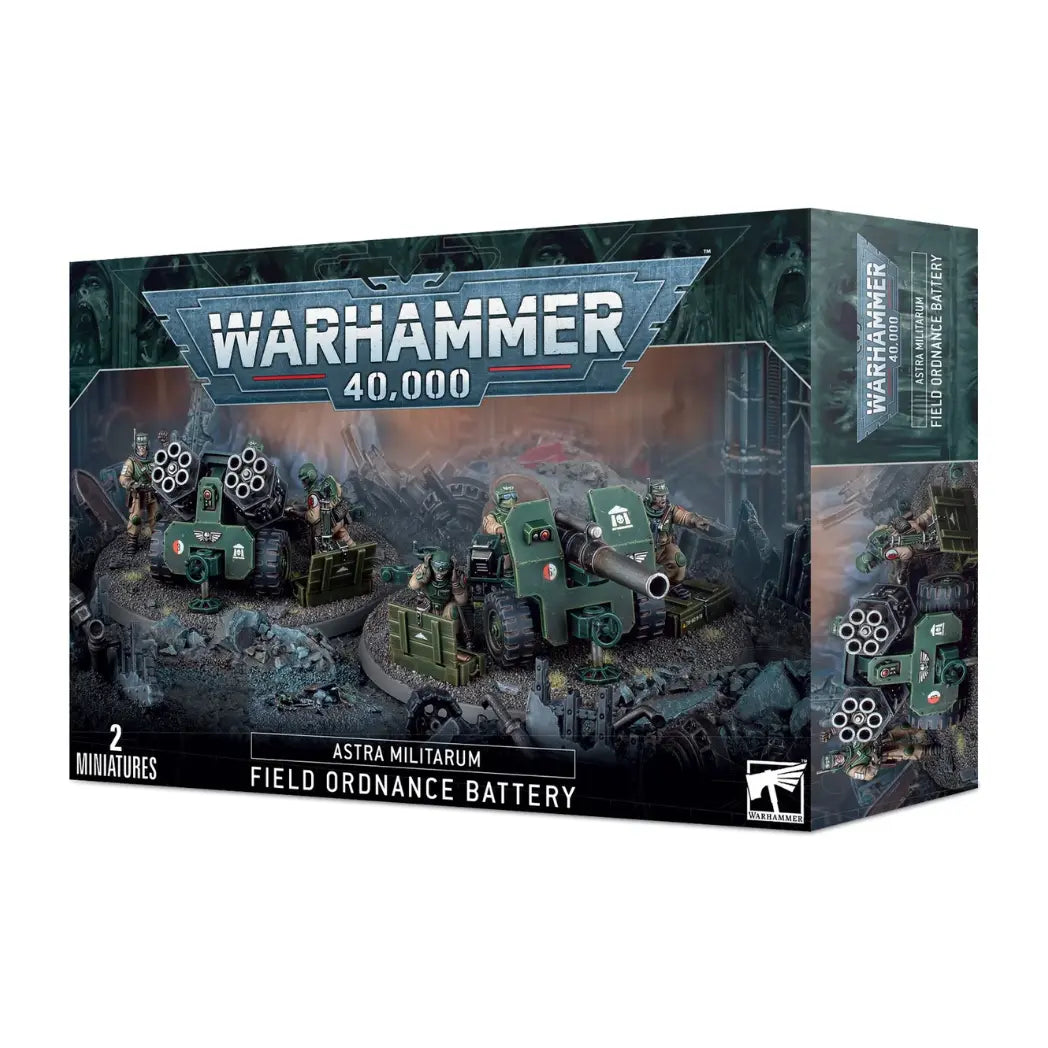 Warhammer 40k Astra Militarum Field Ordnance Battery box featuring two large green artillery pieces and crew in a war-torn urban setting.