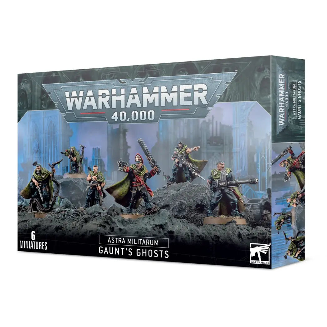 Warhammer 40k Astra Militarum Gaunt’s Ghosts box featuring six specialized soldiers in green cloaks and dark uniforms on a grey rocky landscape.