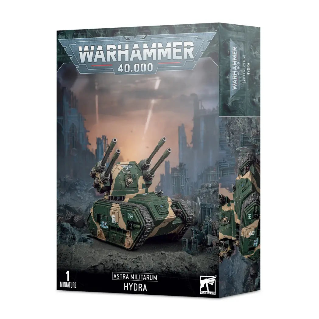 Astra Militarum Hydra box featuring a green anti-aircraft tank with four long-barreled autocannons mounted on a turret.