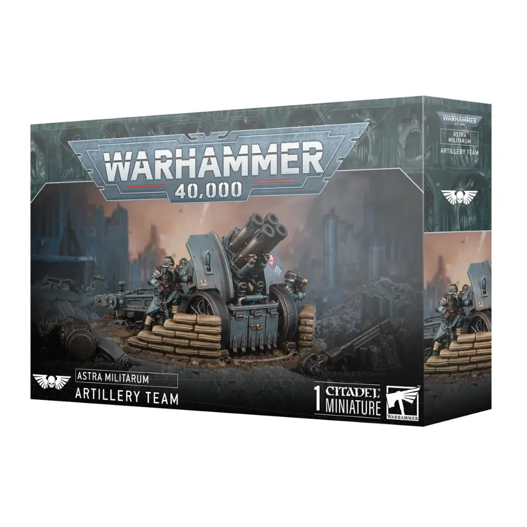 Astra Militarum Krieg Artillery Team box featuring three soldiers in gas masks operating a large heavy mortar in a trench.