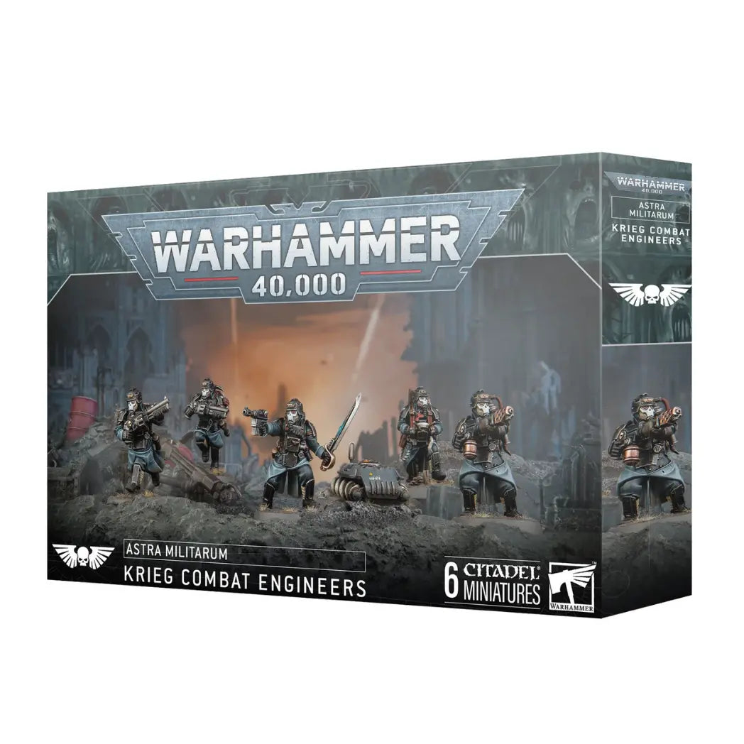 Warhammer 40k Astra Militarum Krieg Combat Engineers box featuring five soldiers in gas masks and black armor in a dark, rocky trench.