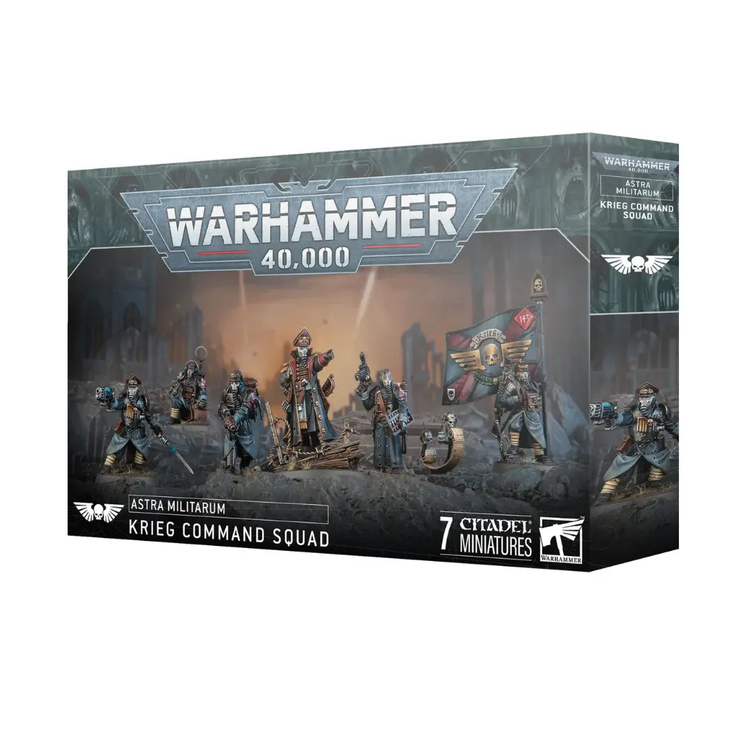 Warhammer 40k Astra Militarum Krieg Command Squad box featuring seven soldiers in greatcoats and gas masks on a smoky battlefield.