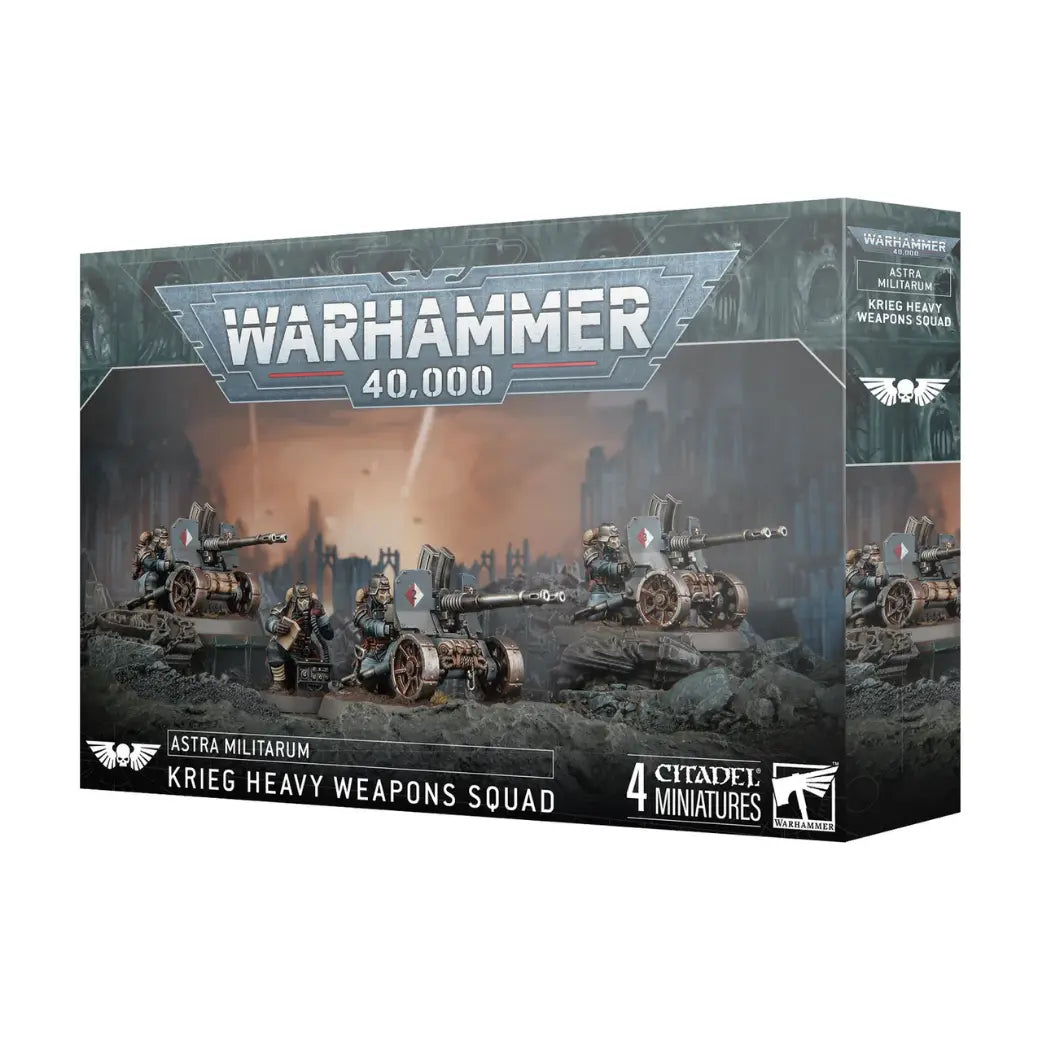Warhammer 40k Astra Militarum Krieg Heavy Weapons Squad box featuring three gas-masked soldiers operating wheeled heavy cannons on a grey battlefield.