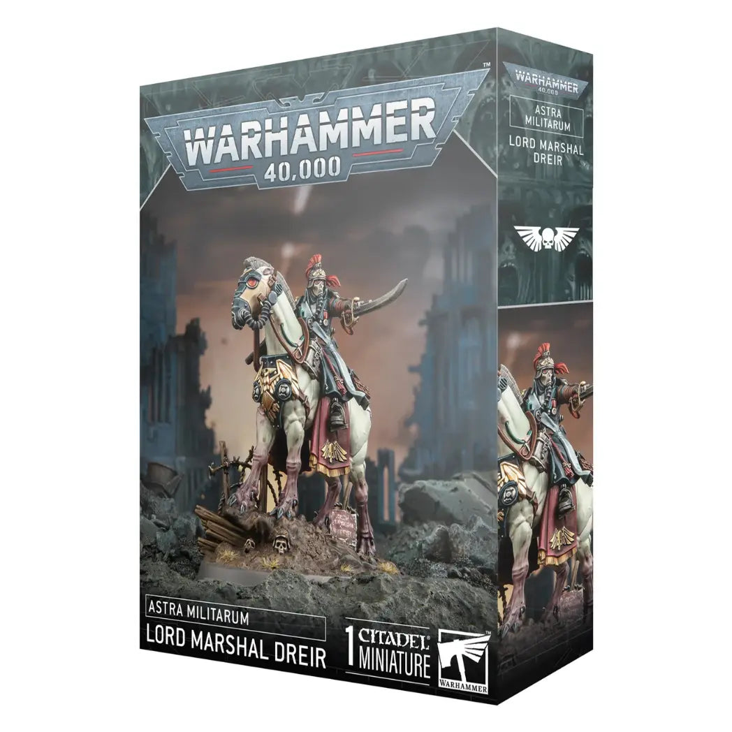 Warhammer 40k Astra Militarum Lord Marshal Dreir box featuring a high-ranking officer on an armored horse wielding a curved power sword.