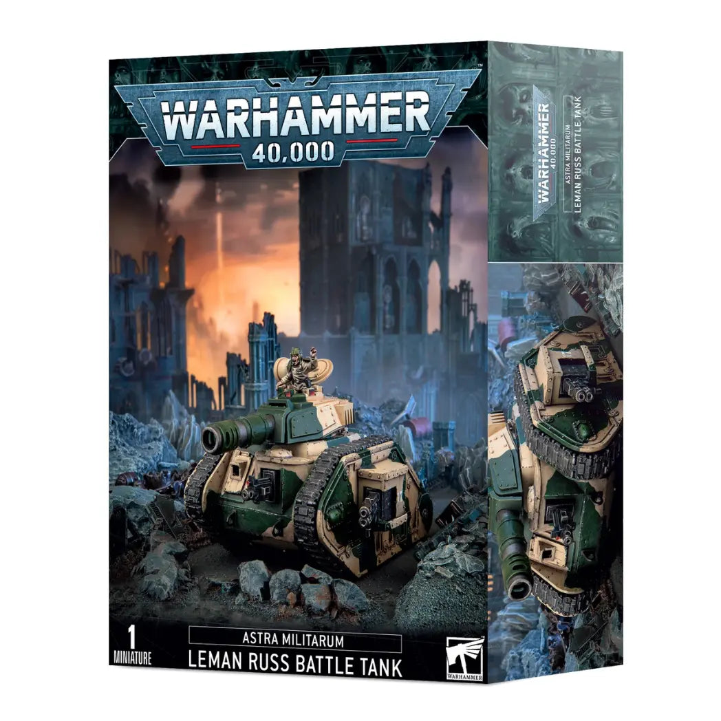 Warhammer 40k Astra Militarum Leman Russ Battle Tank box featuring a heavy green tank with a large turret cannon on a smoky battlefield.
