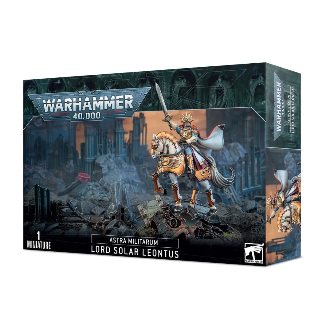Astra Militarum Lord Solar Leontus box featuring a commander in gold armor on a cybernetic white horse holding a sword aloft.
