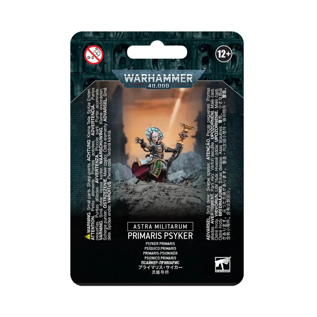 Warhammer 40k Astra Militarum Primaris Psyker blister pack featuring a robed mystic with a tall psychic hood and eagle-topped staff.