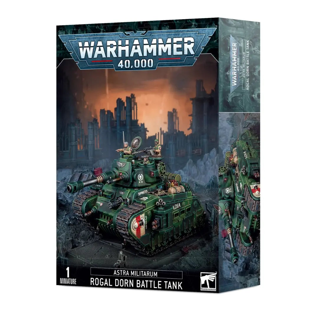 Warhammer 40k Astra Militarum Rogal Dorn Battle Tank box featuring a heavy green tank with dual turret guns on a dark, smoky battlefield.