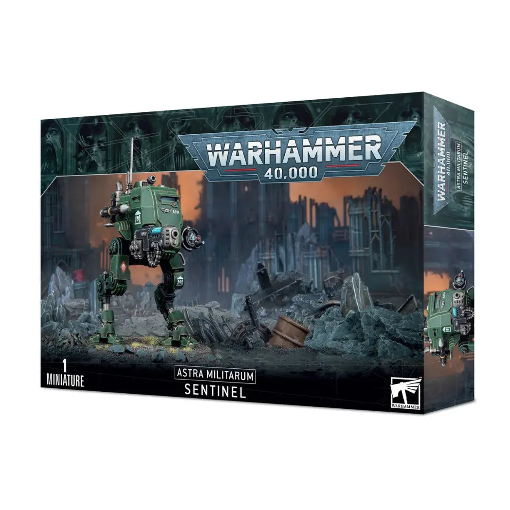 Warhammer 40k Astra Militarum Sentinel box featuring a green bipedal walker with a front-mounted heavy weapon and side-mounted missile.