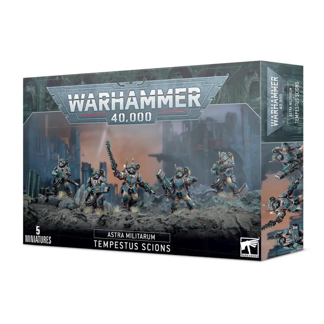 Warhammer 40k Astra Militarum Tempestus Scions box featuring five elite soldiers in teal and bronze carapace armor with hot-shot lasguns.