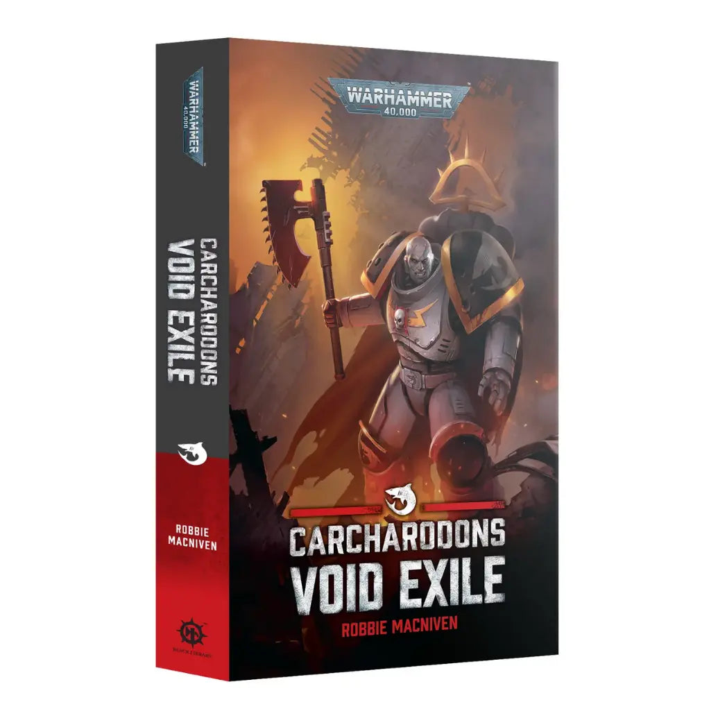 Warhammer 40k Carcharodons: Void Exile paperback book featuring a Space Marine with grey armor and tribal markings on a dark background.