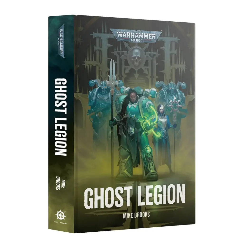 Warhammer 40k Ghost Legion hardback book featuring a space marine in teal armor with a silver hydra emblem on a dark, smoky background.