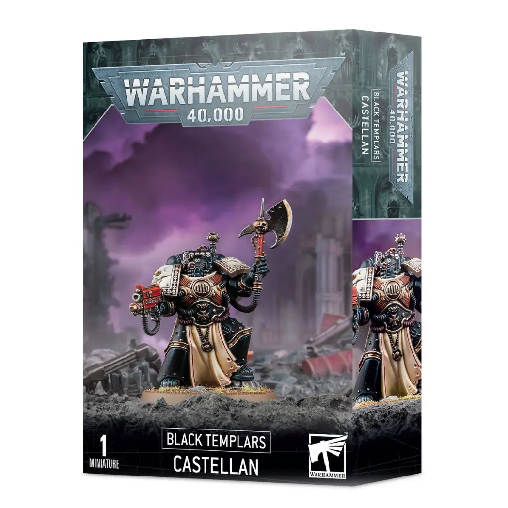 Warhammer 40k Black Templars Castellan box featuring a Space Marine in black and gold armor with a tan tabard, holding an axe and a combi-weapon.