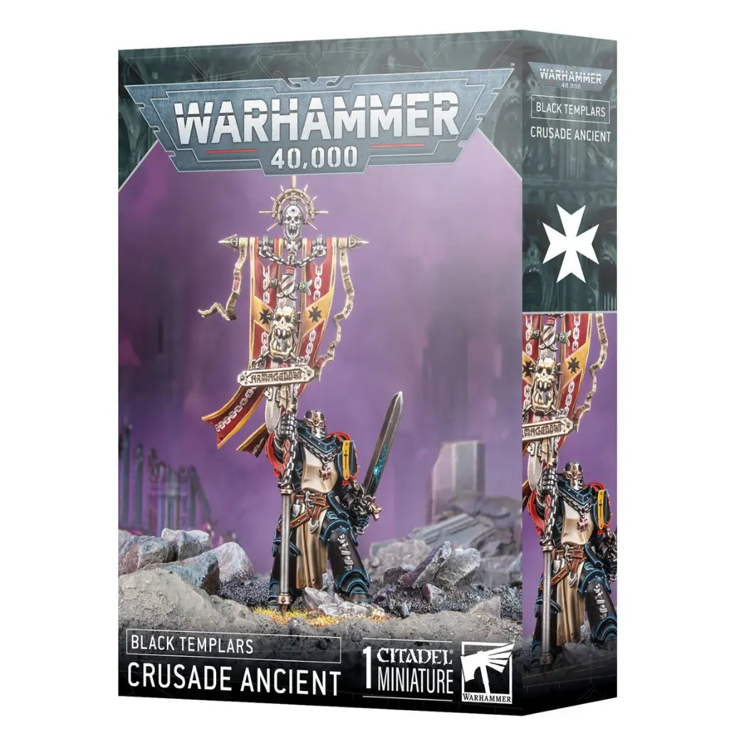 Black Templars Crusade Ancient box featuring a Space Marine holding a large ornate banner and a sword on a purple background.