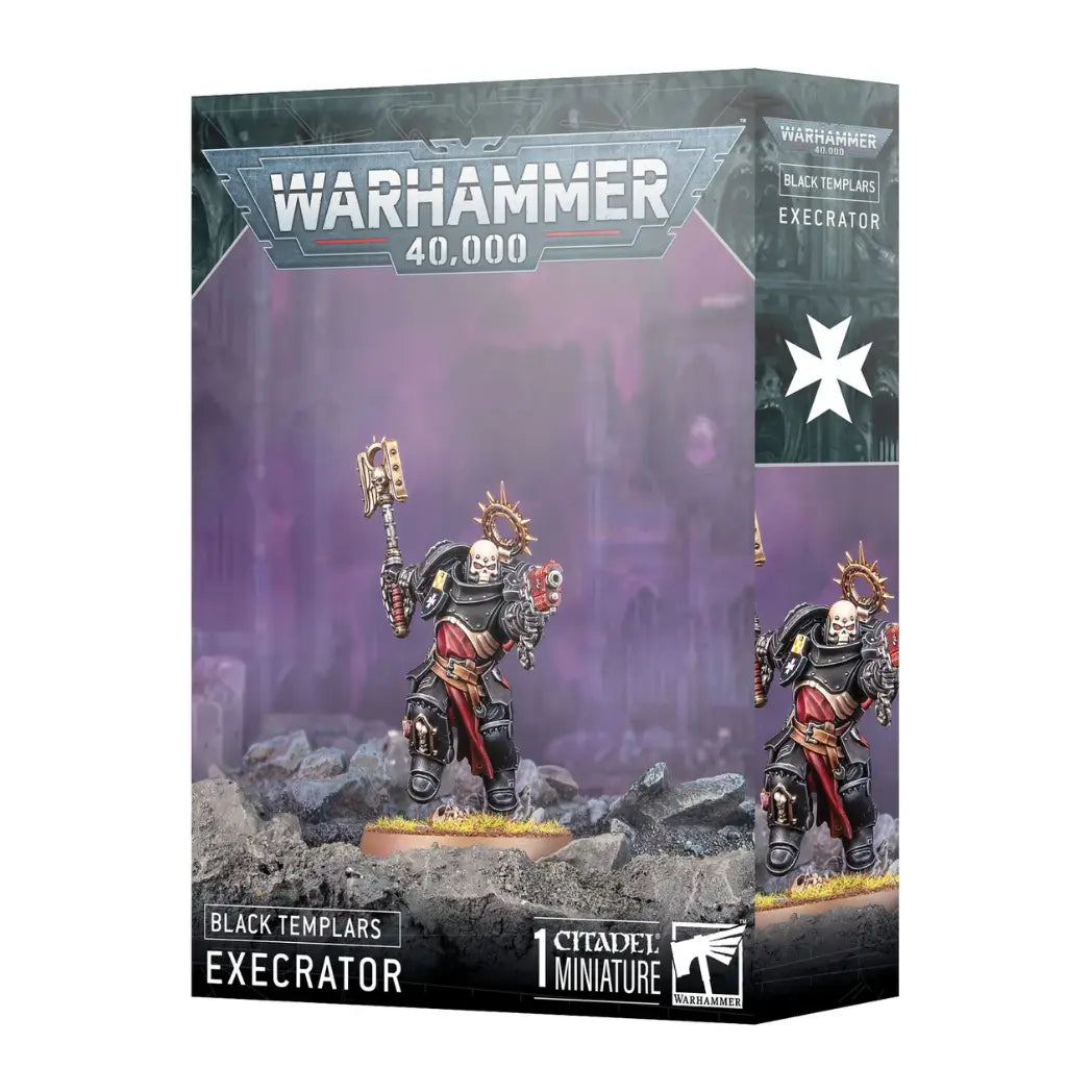 Warhammer 40k Black Templars Execrator box featuring a Space Marine with a skull mask, black armor, and red tabard holding a mace.