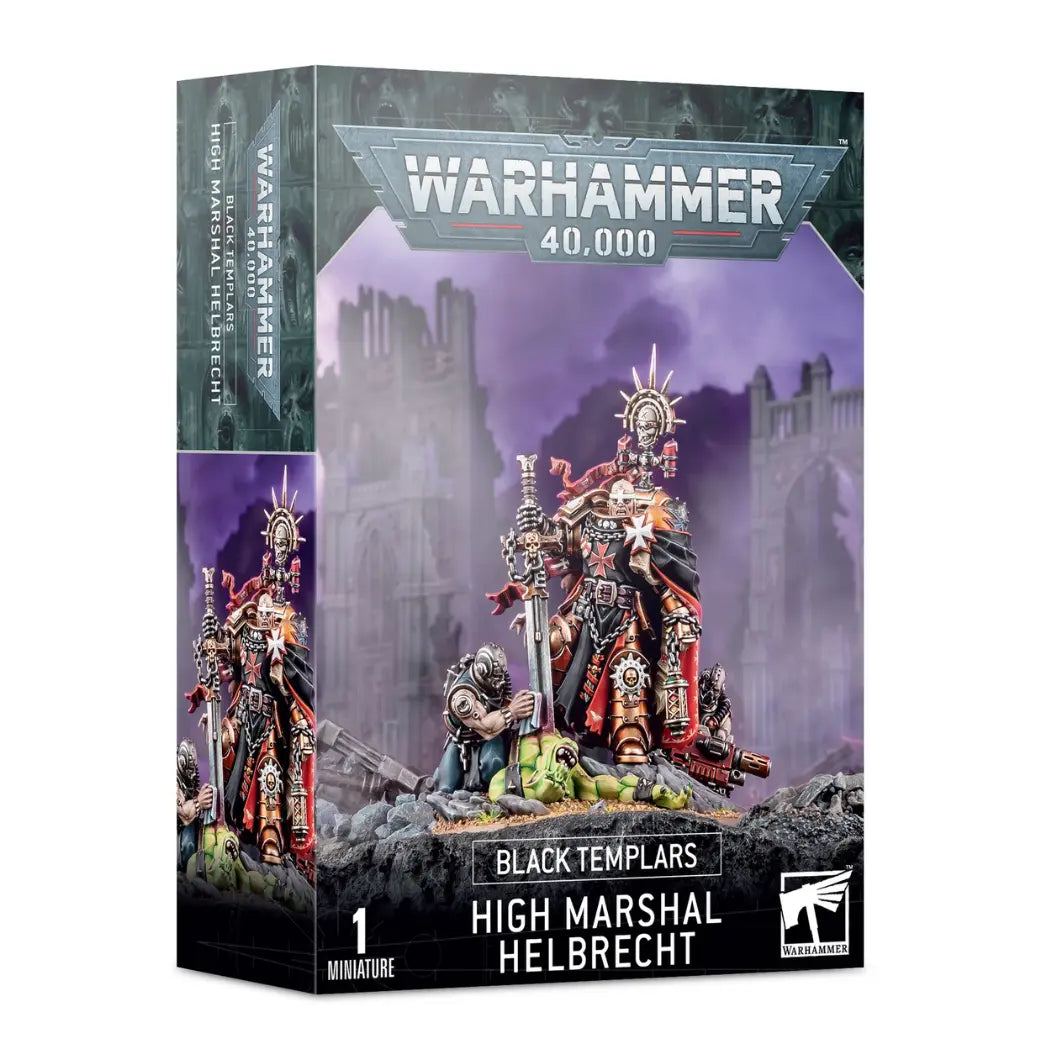 Black Templars High Marshal Helbrecht box featuring a gold-armored commander wiping a sword on a purple background.