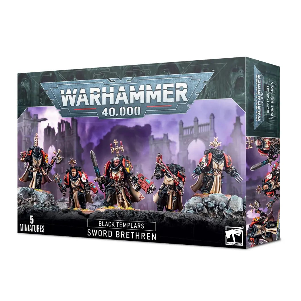 Warhammer 40,000 Black Templars Sword Brethren box featuring five knights in black and bone armor against a purple background.