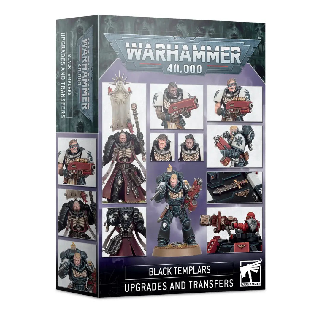 Warhammer 40,000 Black Templars Upgrades and Transfers box displaying assorted plastic weapon and armor parts on a purple background.