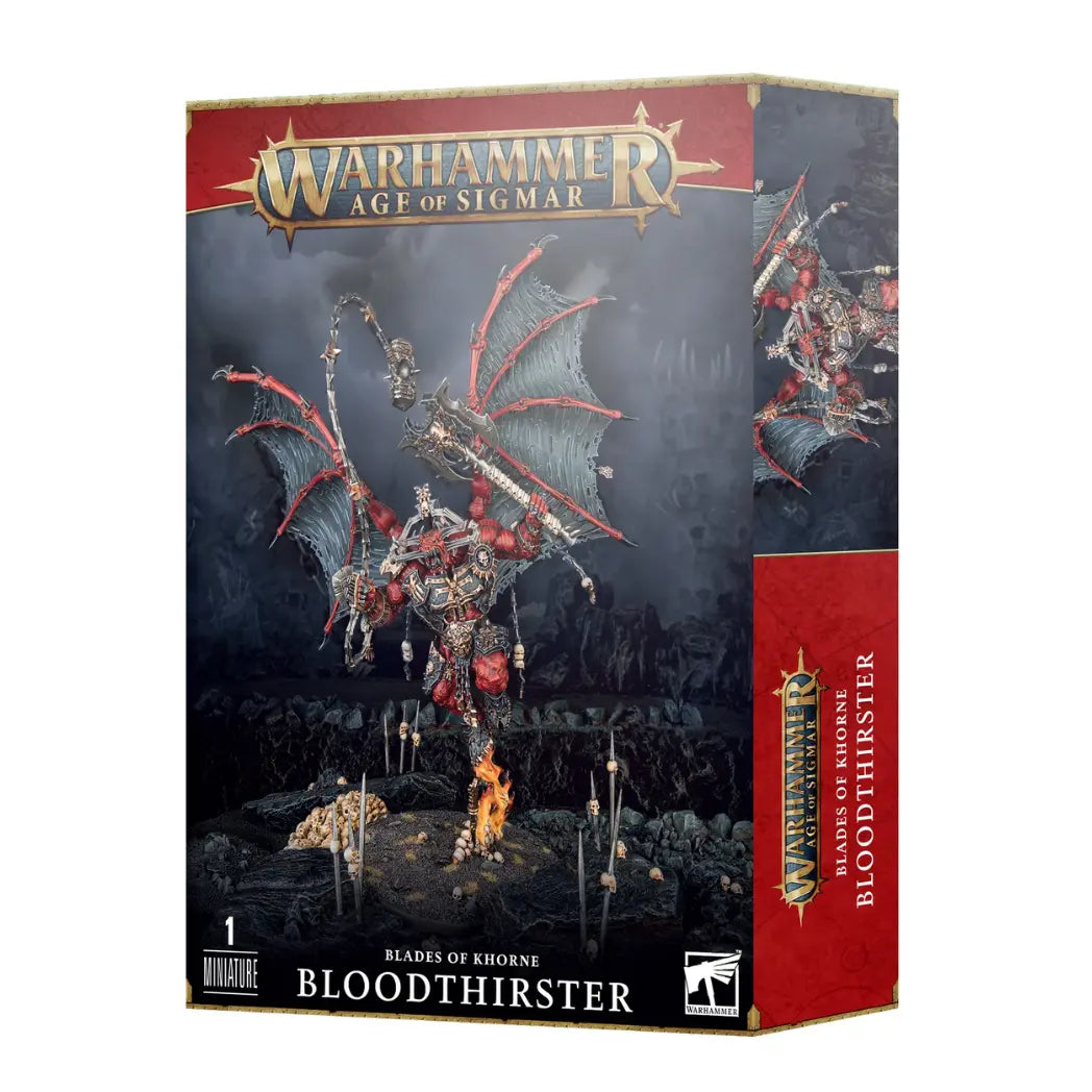 Blades of Khorne Bloodthirster box featuring a large red winged demon wielding a whip and a massive axe.