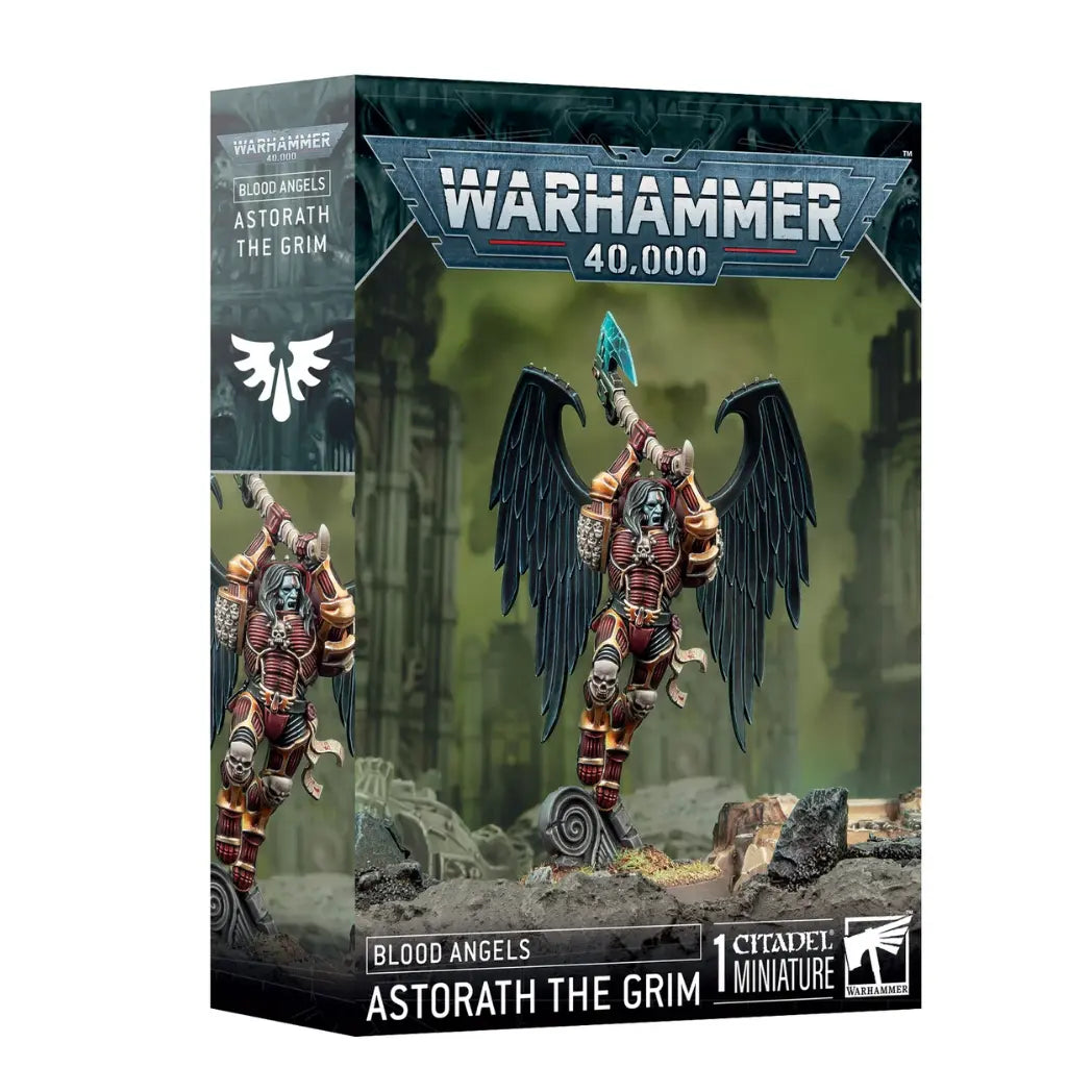 Warhammer 40,000 Blood Angels Astorath the Grim box featuring a winged warrior in red muscle-armor holding a glowing axe.