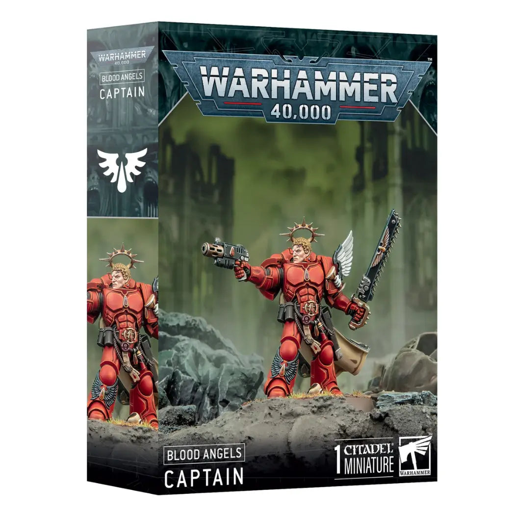 Warhammer 40,000 Blood Angels Captain box featuring a warrior in red muscle-armor holding a pistol and chainsword.