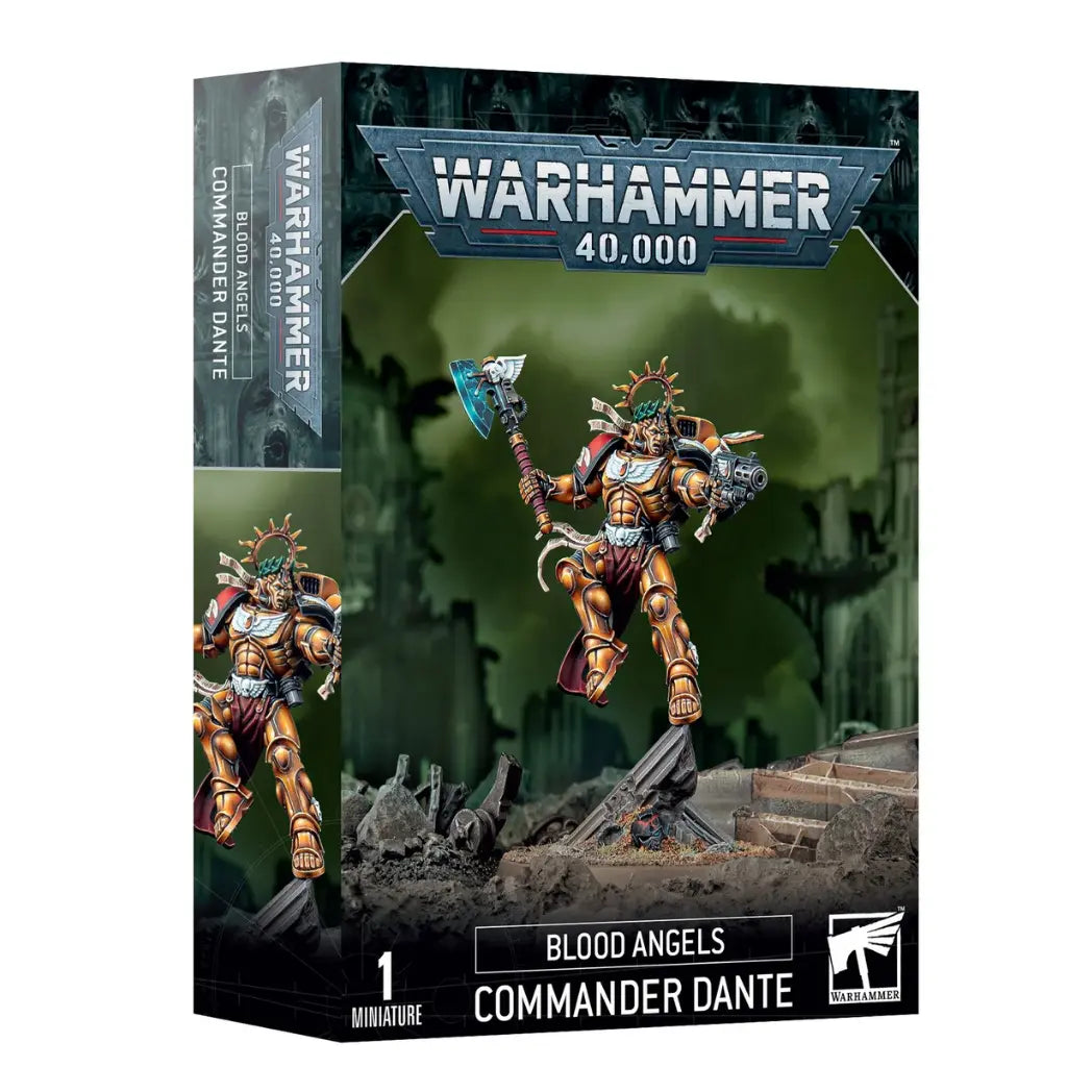 Warhammer 40,000 Blood Angels Commander Dante box featuring a warrior in gold muscle-armor holding a pistol and glowing axe.