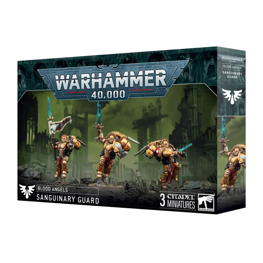 Warhammer 40,000 Blood Angels Sanguinary Guard box featuring three gold-armored winged warriors with ornate spears and masks.