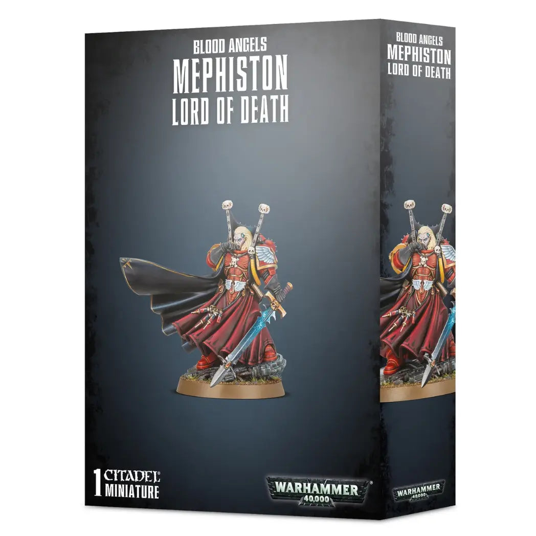 Blood Angels Mephiston Lord of Death box featuring a vampire-like warrior in red armor and a high-collared black cloak.