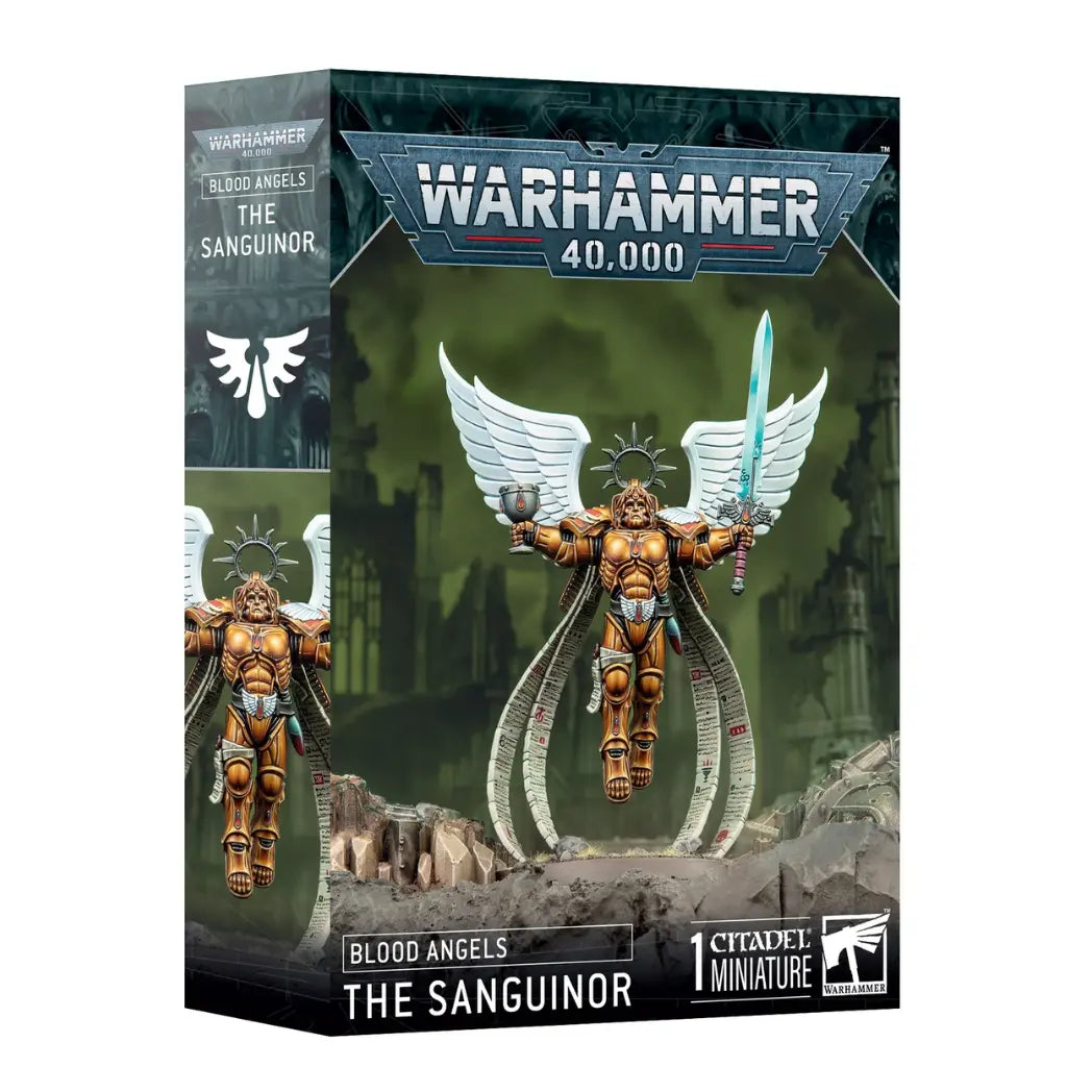 Warhammer 40,000 Blood Angels The Sanguinor box featuring a golden winged warrior with a sword, descending over a green-lit ruin.