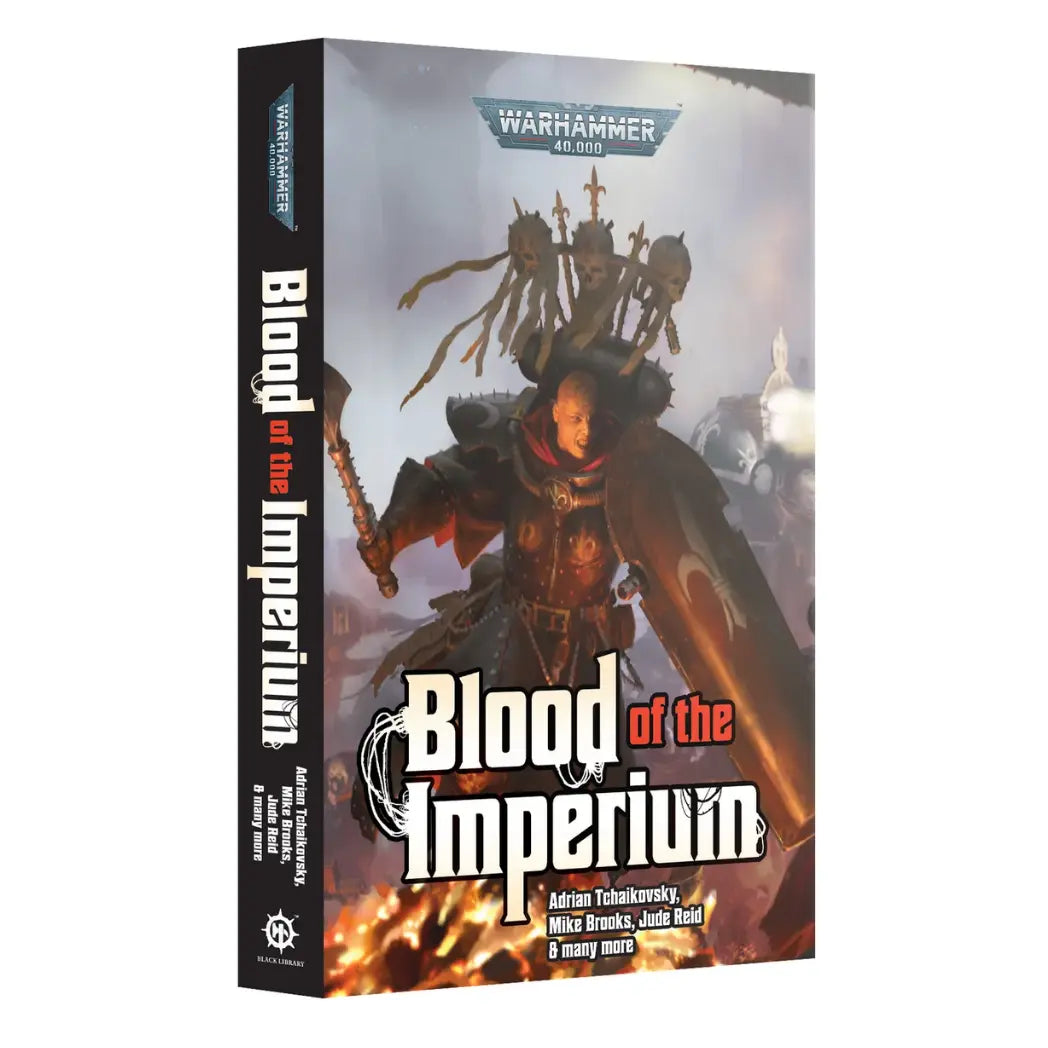 Warhammer 40k Blood of the Imperium paperback book featuring a Sisters of Battle warrior in black armor with a shield and mace.