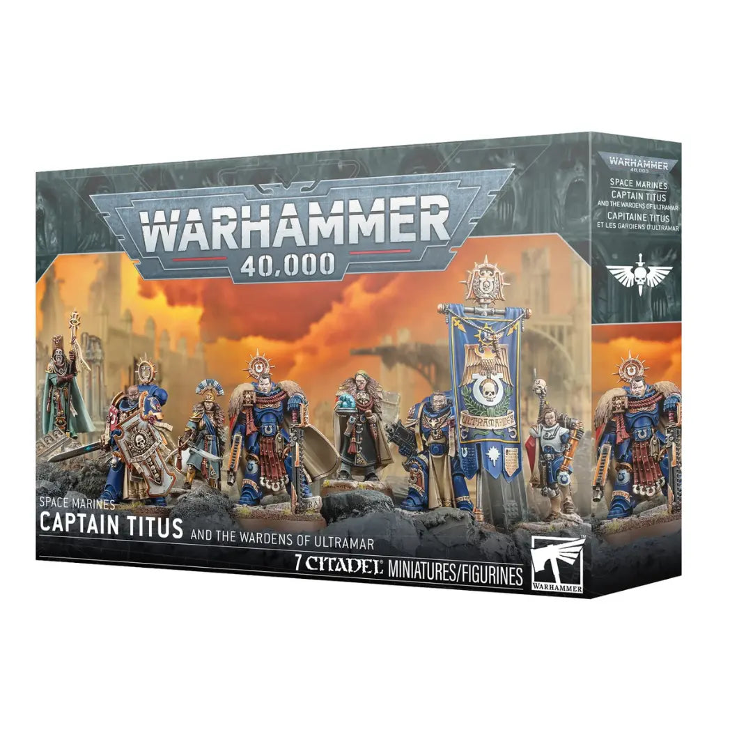 Warhammer 40,000 Captain Titus and The Wardens of Ultramar box featuring blue-armored warriors against an orange sunset.