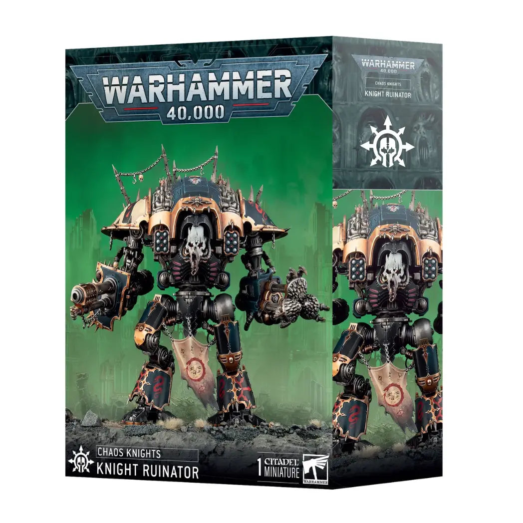 Warhammer 40k Chaos Knights Knight Ruinator box featuring a spiked mechanical walker with a skull-like face and massive claw on a green background.