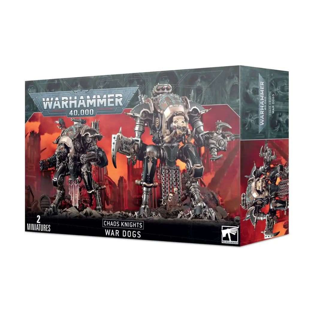 Chaos Knights War Dogs box featuring two small spike-covered walkers with mechanical claws and guns on a green background.
