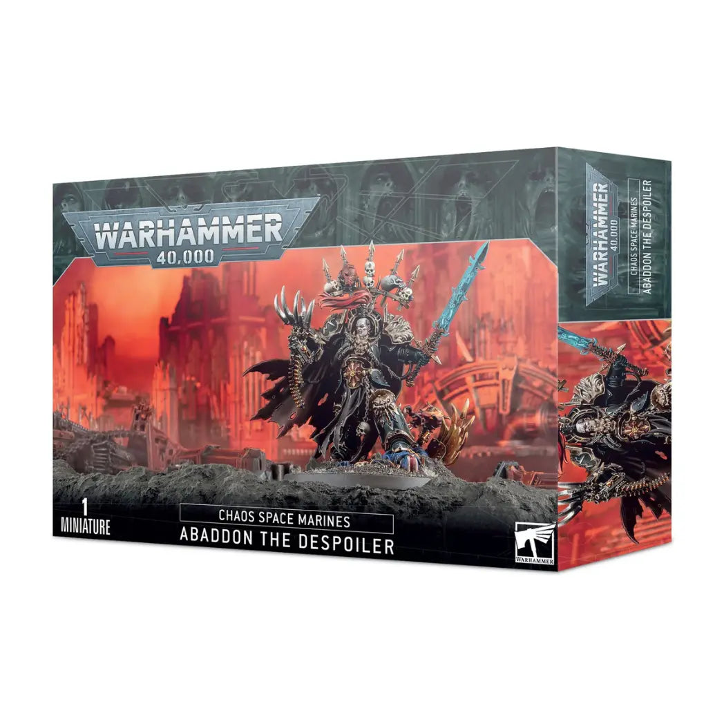 Warhammer 40,000 Abaddon the Despoiler box featuring a massive Chaos warrior with a claw and blue sword on a red background.