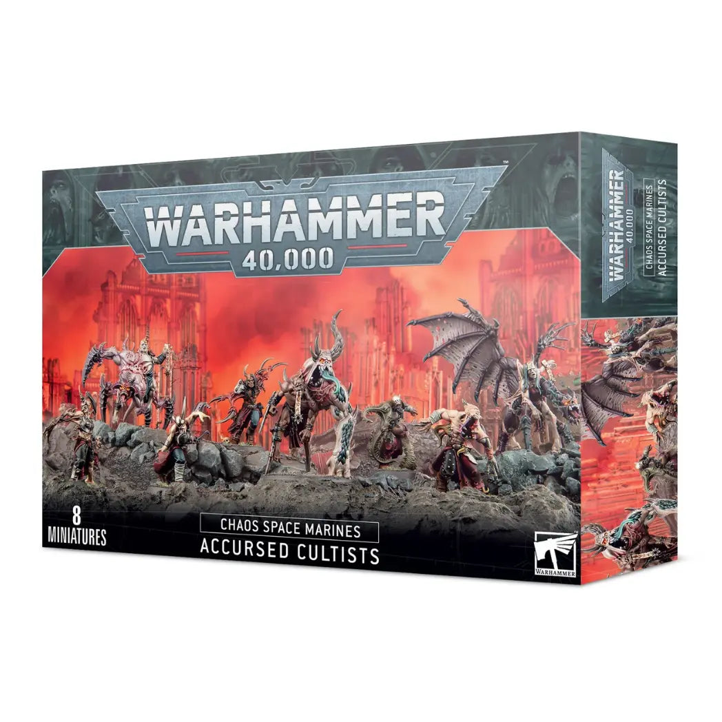 Warhammer 40,000 Accursed Cultists box featuring eight, mutated Chaos creatures on a dark rocky terrain against a red sky.