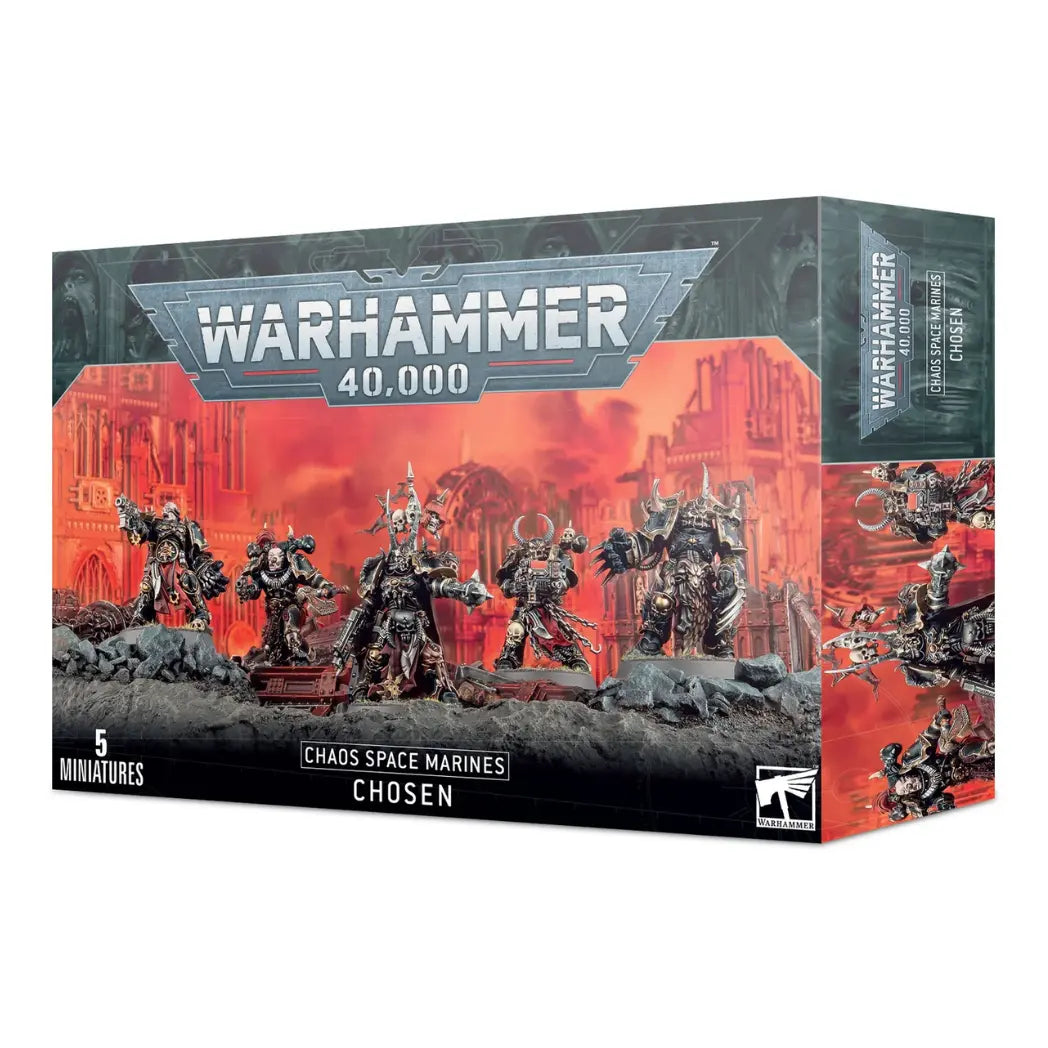 Warhammer 40,000 Chaos Space Marines Chosen box featuring five elite warriors in ornate black and gold armor on a rocky battlefield.