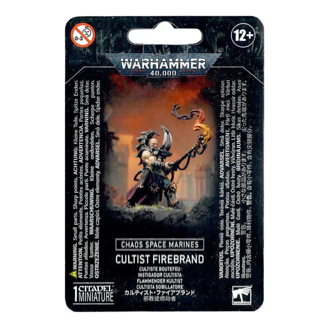 Warhammer 40,000 Cultist Firebrand box featuring a hooded Chaos figure holding a flaming torch and a heavy flamer.