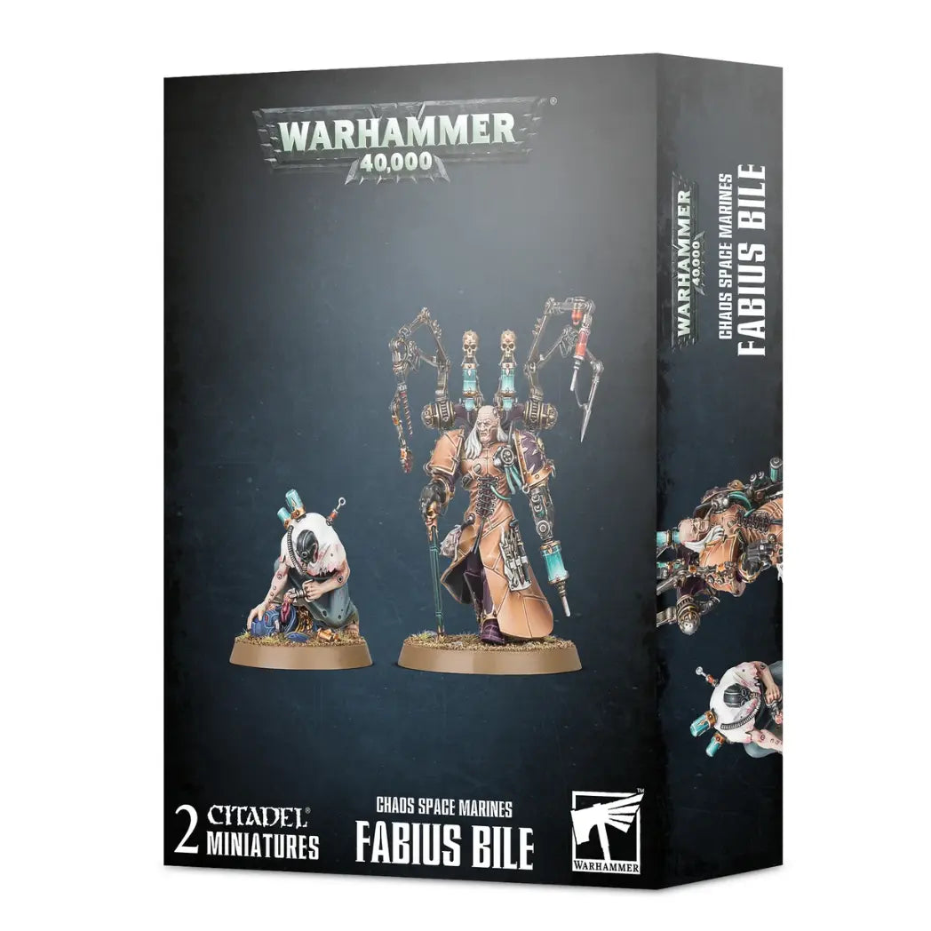 Warhammer 40,000 Fabius Bile box featuring a mad scientist in skin-coat armor holding a needle-filled staff and a chirurgeon tool.