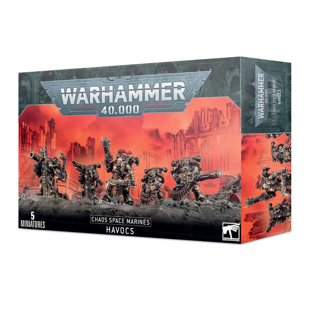 Warhammer 40,000 Chaos Space Marines Havocs box featuring five heavy-weapon specialists in spiked power armor on a rocky terrain.
