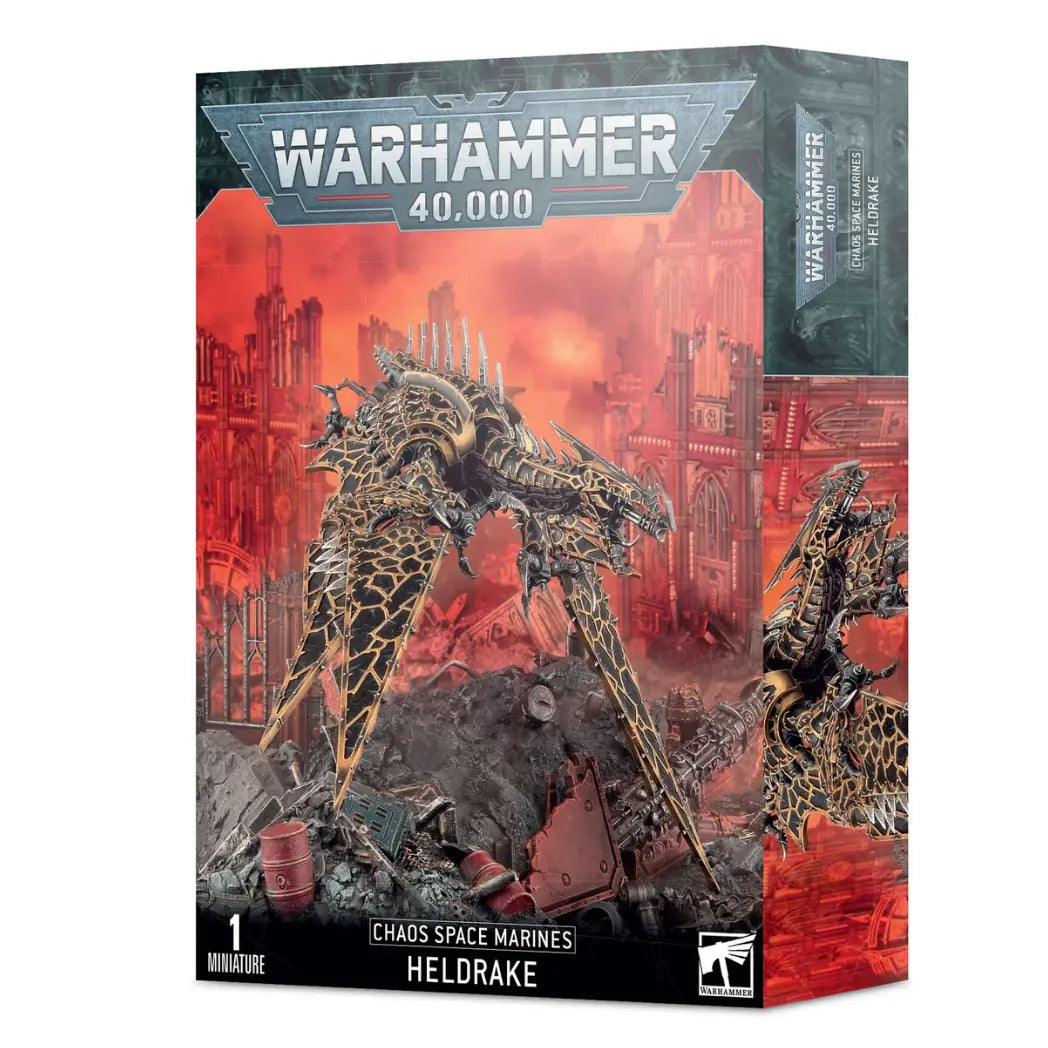 Warhammer 40,000 Chaos Space Marines Heldrake box featuring a large, mechanical Chaos dragon with bladed wings perched on urban ruins.