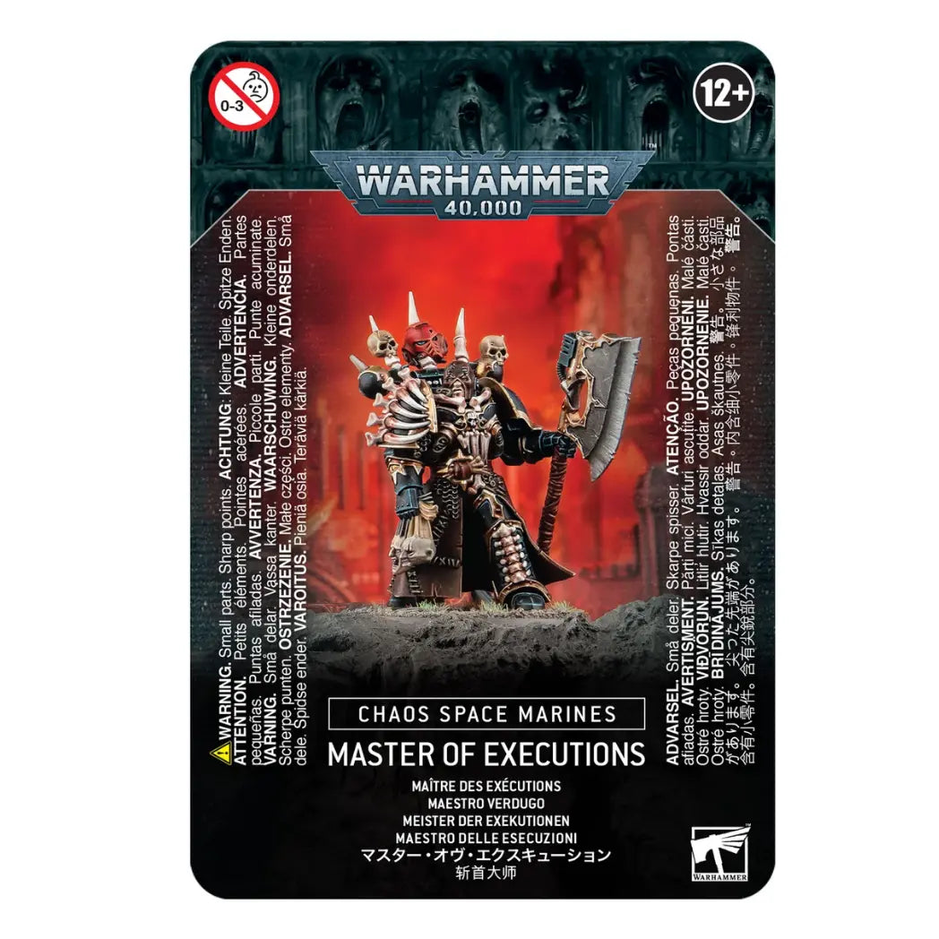 Warhammer 40,000 Master of Executions box featuring a Chaos warrior in bone-adorned armor holding a massive greataxe.