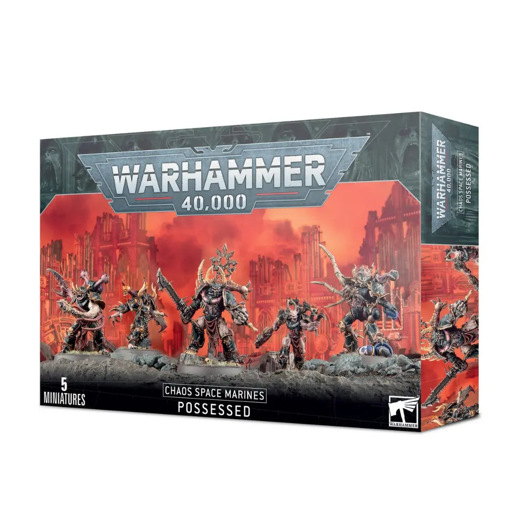 Warhammer 40,000 Chaos Space Marines Possessed box featuring five mutated, clawed warriors on a dark, rocky terrain.