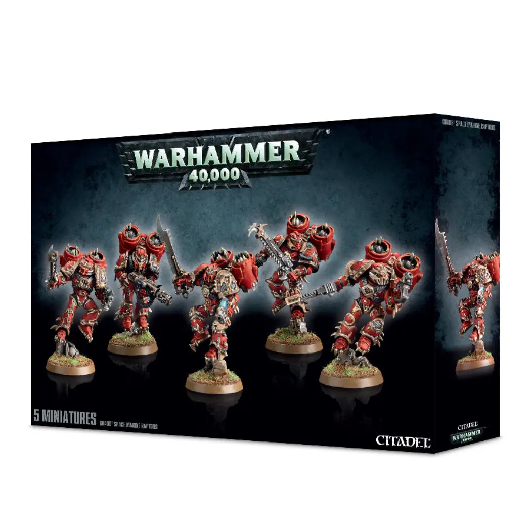 Warhammer 40,000 Chaos Space Marines Raptors box featuring five jump-pack warriors in red and bronze armor with jagged blades.