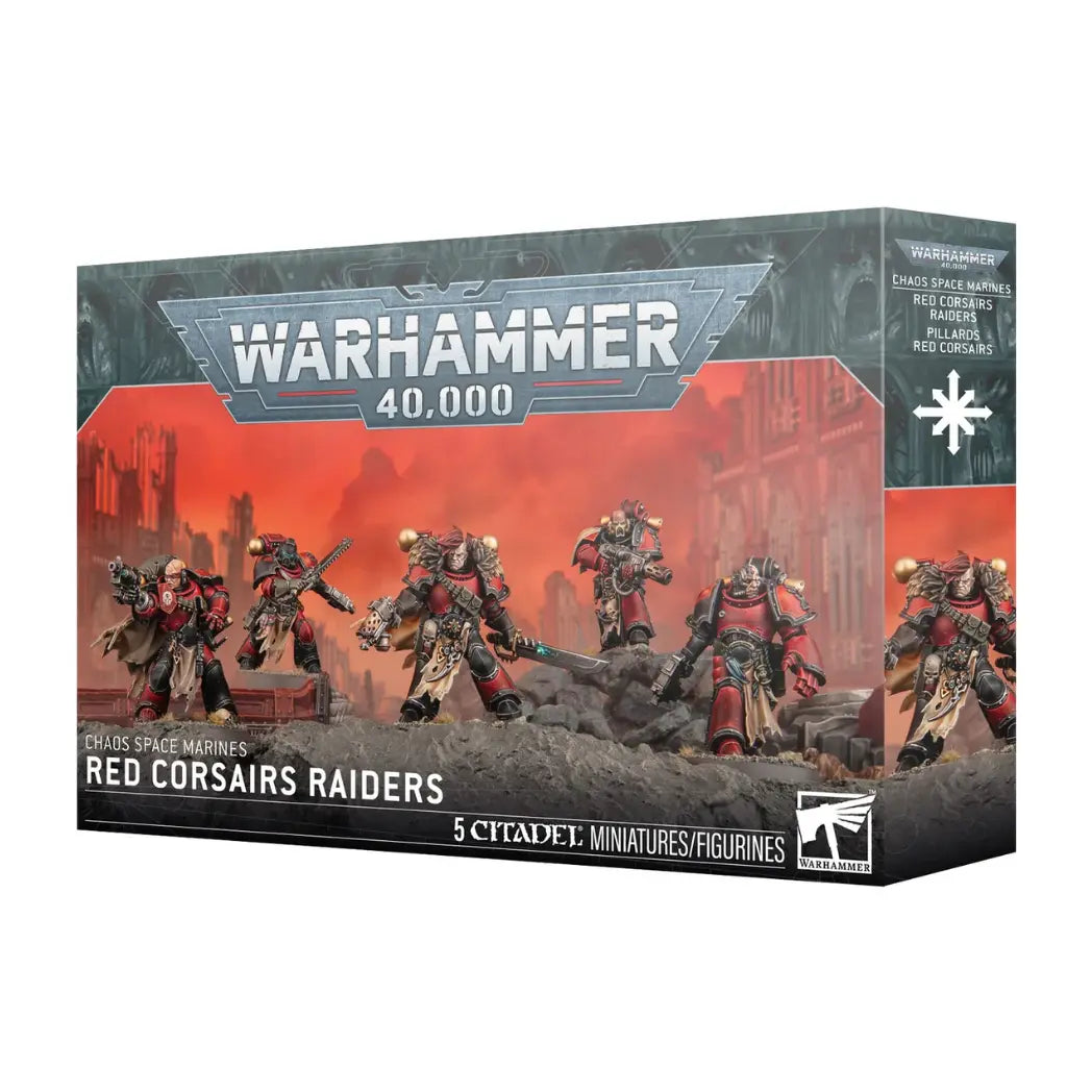 Warhammer 40,000 Red Corsairs Raiders box featuring five red and black armored Chaos marines on a dark, rocky terrain.
