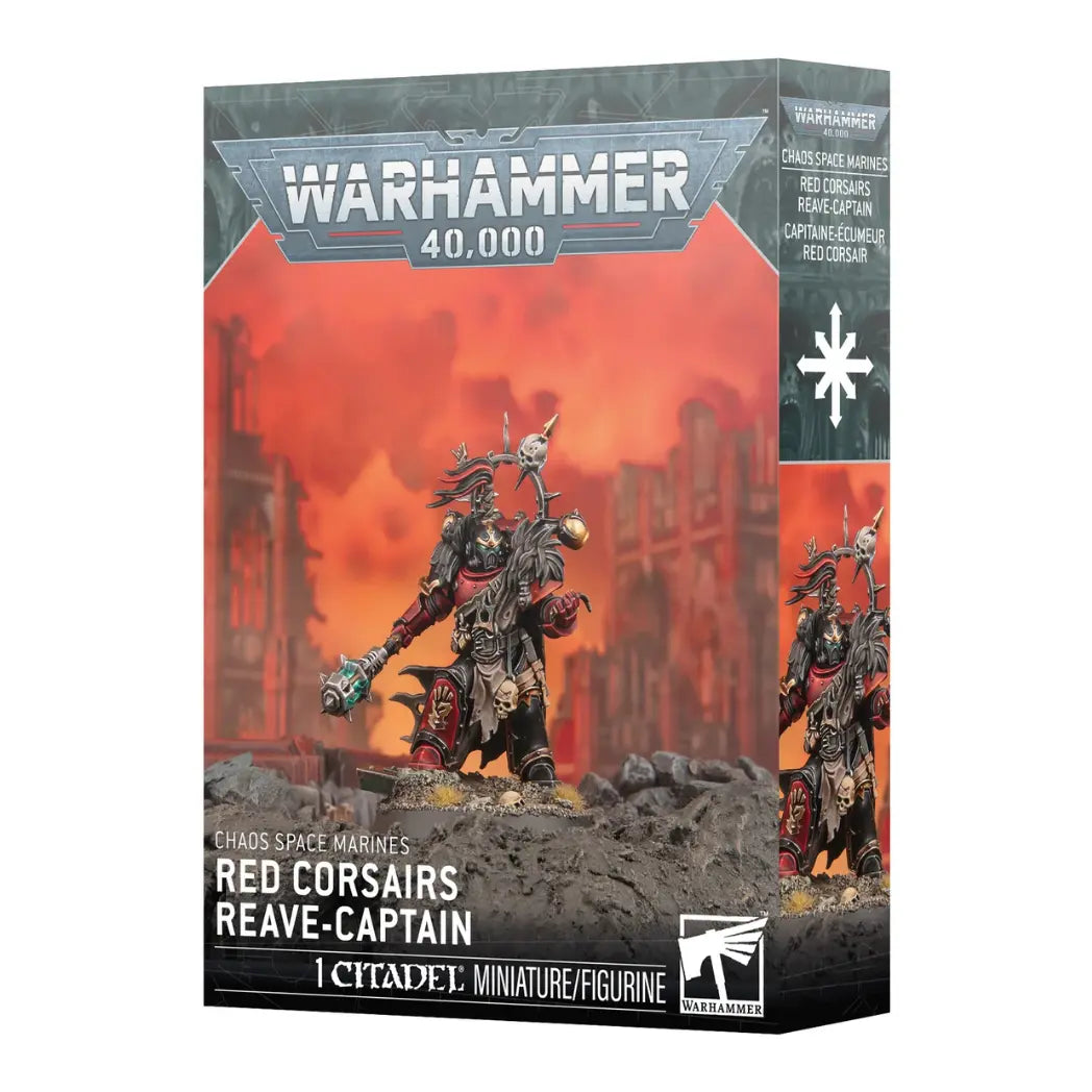 Warhammer 40,000 Red Corsairs Reave-Captain box featuring a spiked Chaos warrior in red and black armor on a rocky terrain.