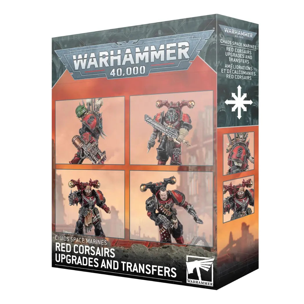 Warhammer 40,000 Red Corsairs Upgrades and Transfers box displaying assorted plastic weapon and armor parts on red corsairs on a dark background.