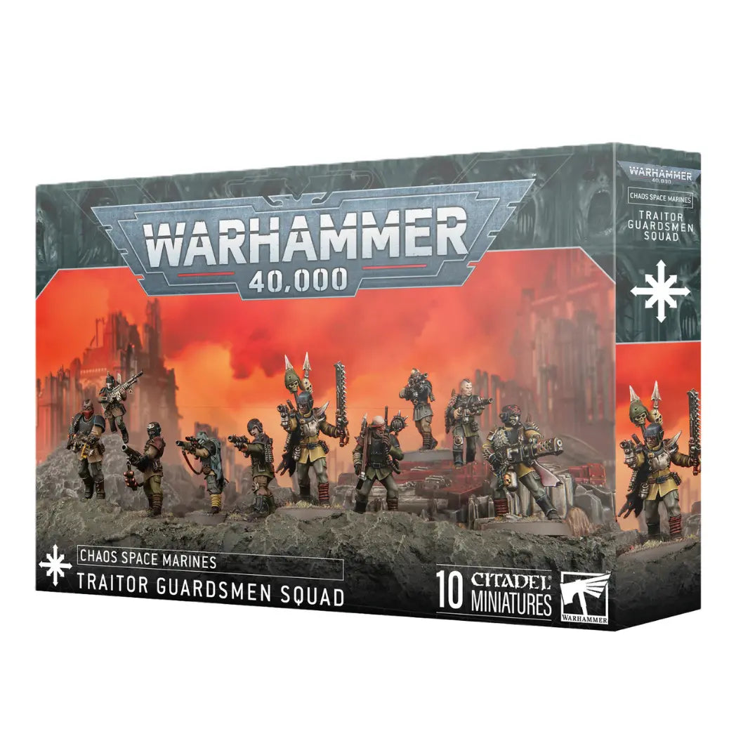 Warhammer 40,000 Traitor Guardsmen Squad box featuring ten renegade soldiers with various weapons on a rocky landscape.