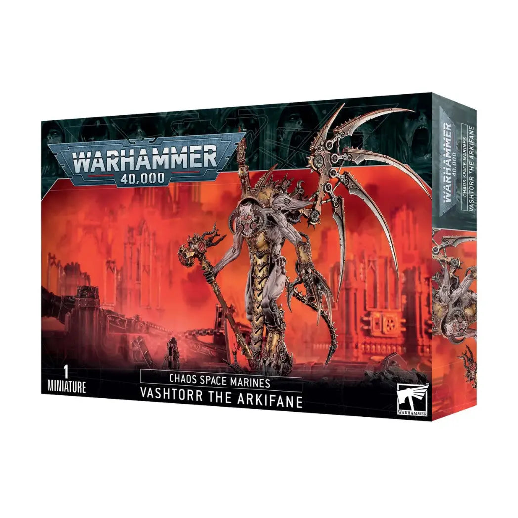 Warhammer 40,000 Vashtorr the Arkifane box featuring a mechanical Chaos deity with bladed wings and a large hammer.