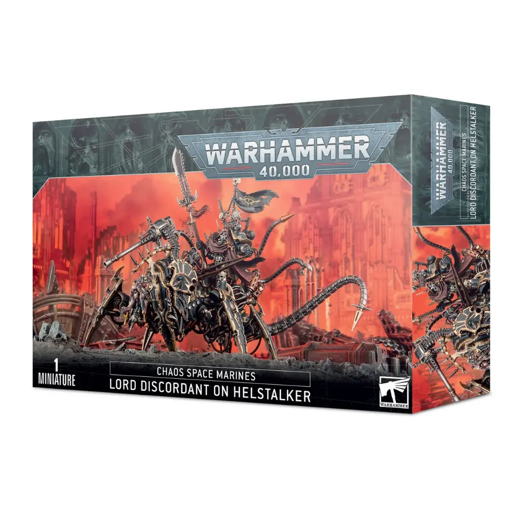 Warhammer 40,000 Lord Discordant on Helstalker box featuring a Chaos warrior riding a large, multi-legged mechanical beast.